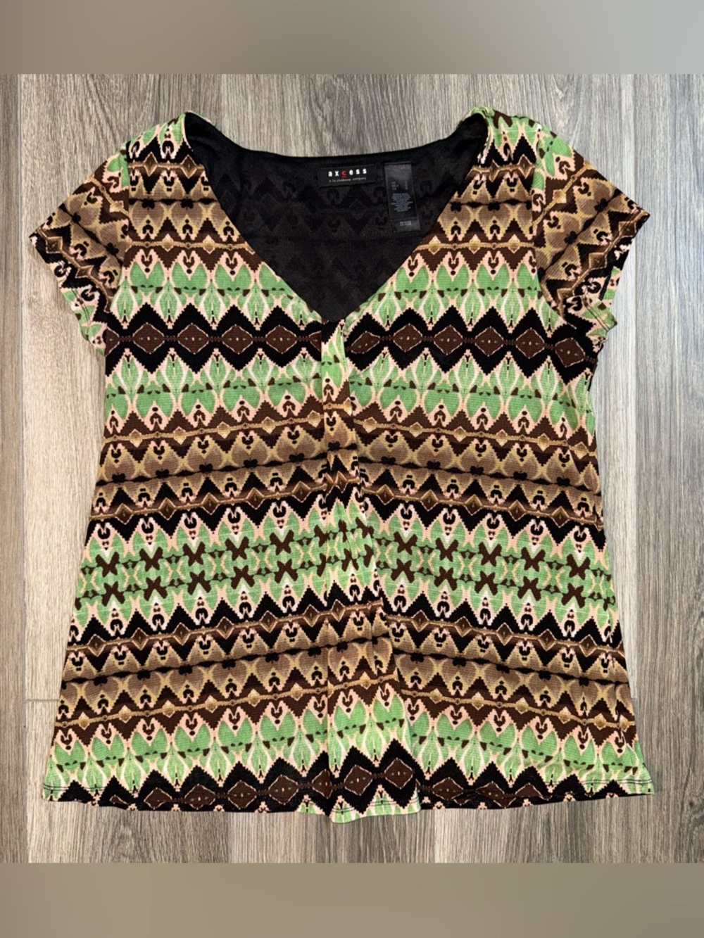 Y2K Green & Brown Printed Top Axcess Size Large Boho Fairy Grunge Indie Hippie